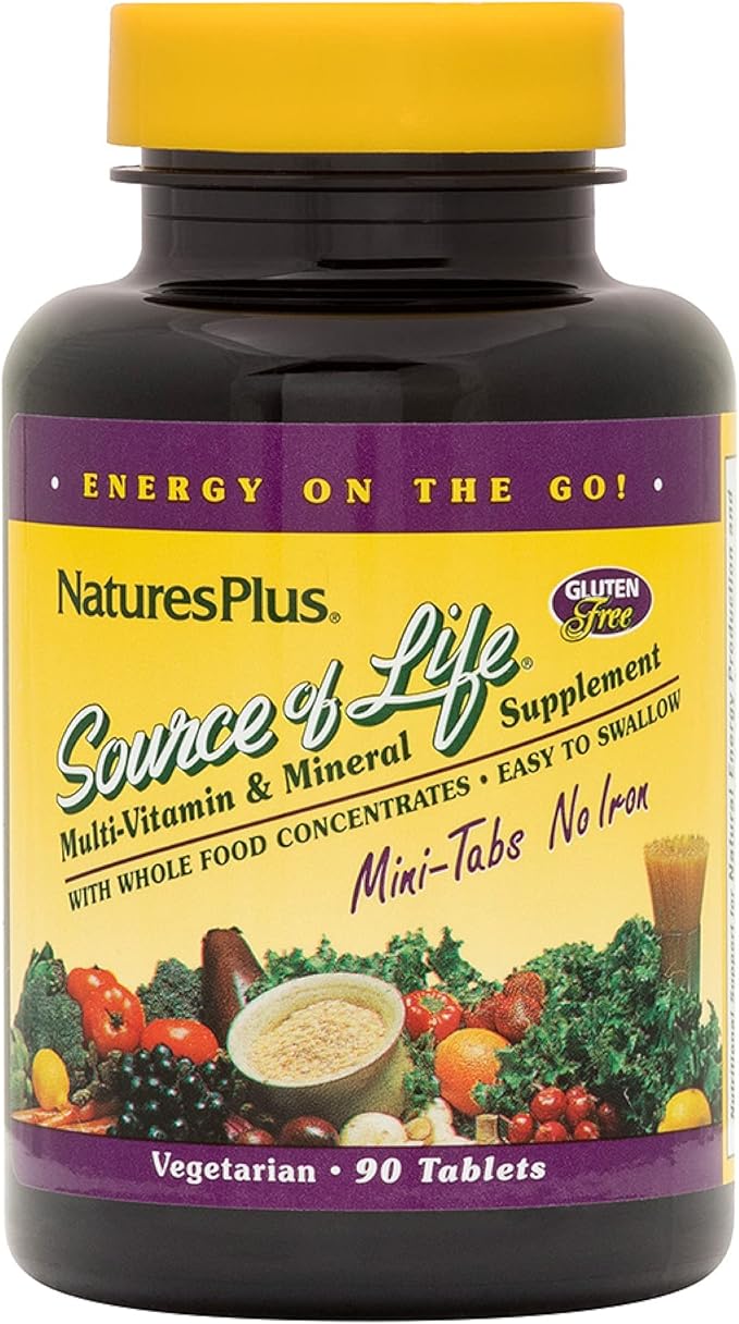 Natures Plus Source of Life Mini-Tabs No Iron - 90 Vegetarian Mini Tablets - Easy to Swallow Natural Whole Food Multivitamin & Mineral Supplement for Health & Energy - 15 Servings