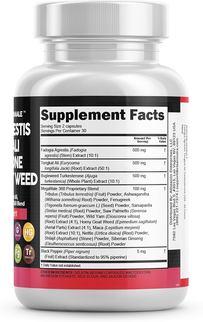 Clean Nutraceuticals Fadogia Agrestis Tongkat Ali Turkesterone Supplement with Horny Goat Weed, Saw Palmetto, Maca Root, Siberian Ginseng, Tribulus Terrestris, Fenugreek, Wild Yam - 60 Count