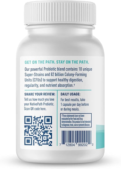 NativePath Daily Probiotic, 10-Strain Custom Blend Probiotics Supplement for Men and Women, 82 Billion CFUs - 60 Count