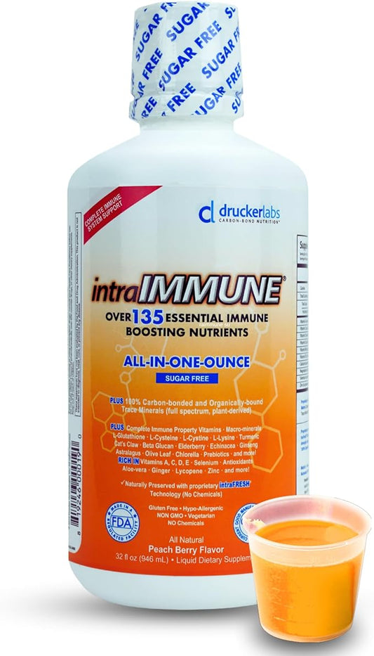 DRUCKER Labs Organic Liquid Daily Immune & Defense Support, Multivitamin, Elderberry, Echinacea, Zinc, Vitamin D, C E, Vegan, Non GMO, Gluten Free (32 oz., Sugar Free Peach Berry)