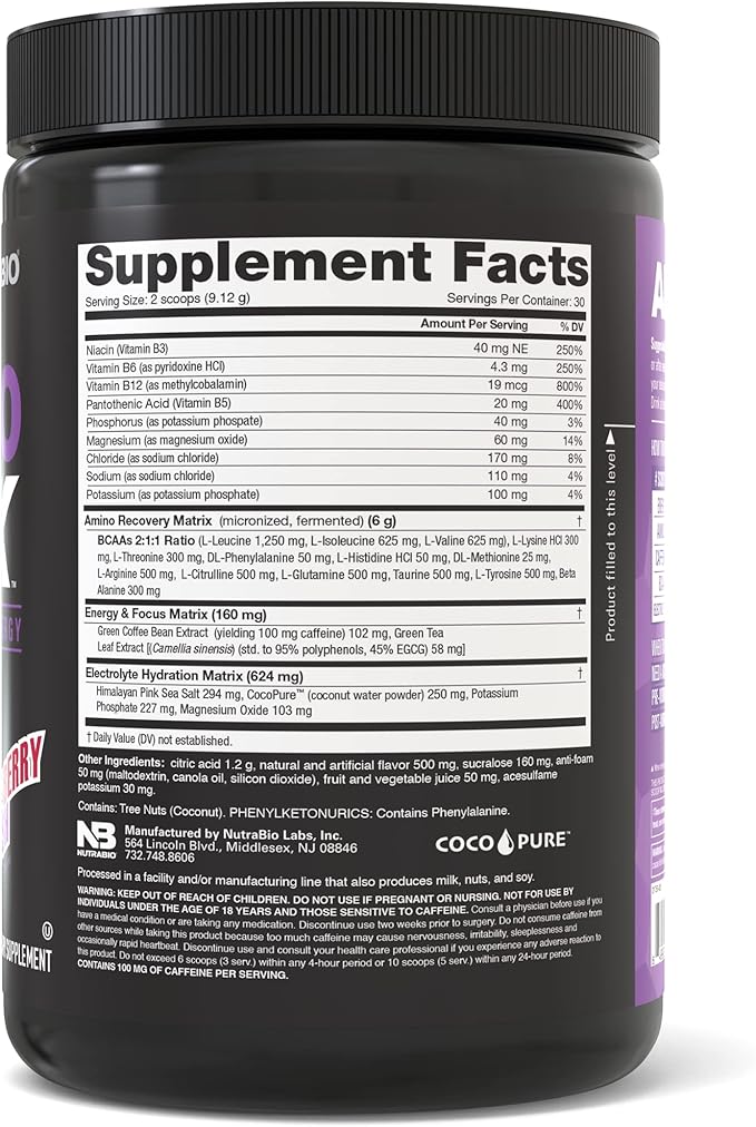 NutraBio Amino Kick - Amino Acid Energy Formula - BCAA's, Electrolytes for Hydration, Natural Caffeine- 30 Servings (Grape Berry Crush)