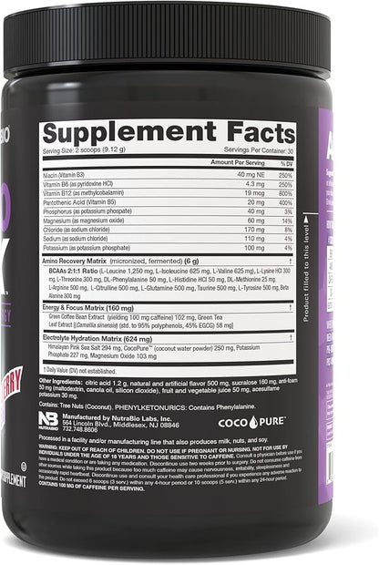 NutraBio Amino Kick - Amino Acid Energy Formula - BCAA's, Electrolytes for Hydration, Natural Caffeine- 30 Servings (Grape Berry Crush)