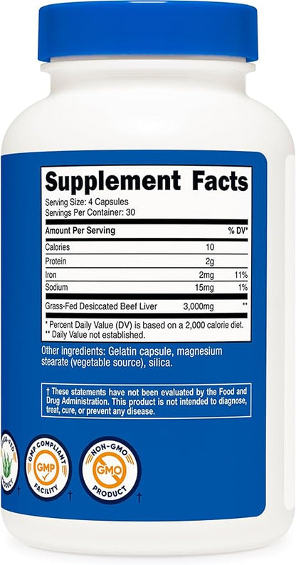 Nutricost Grass Fed Desiccated Beef Liver Capsules 3000mg (750mg Per Cap), 120 Capsules - No Hormones, Non-GMO, Gluten Free, Pasture-Raised, Free Range Beef