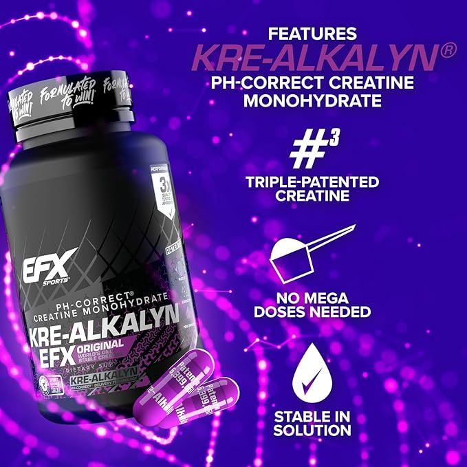 EFX Sports Kre-Alkalyn EFX | pH Correct Creatine Monohydrate Pill Supplement | Strength, Muscle Growth & Performance | 60 Servings, 120 Capsules