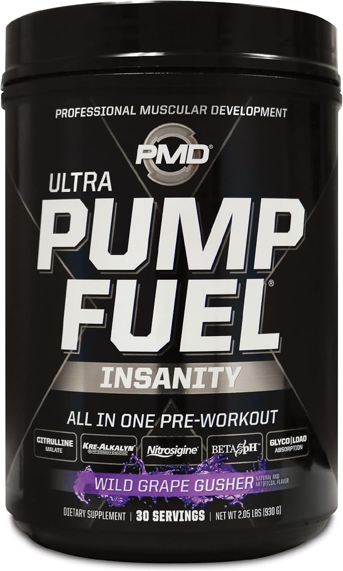 PMD Sports Ultra Pump Fuel Insanity - Pre Workout Drink for Energy, Strength, Endurance, Recovery - Complex Carbohydrates and Amino Energy - Wild Grape Gusher (30 Servings)