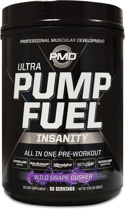 PMD Sports Ultra Pump Fuel Insanity - Pre Workout Drink for Energy, Strength, Endurance, Recovery - Complex Carbohydrates and Amino Energy - Wild Grape Gusher (30 Servings)