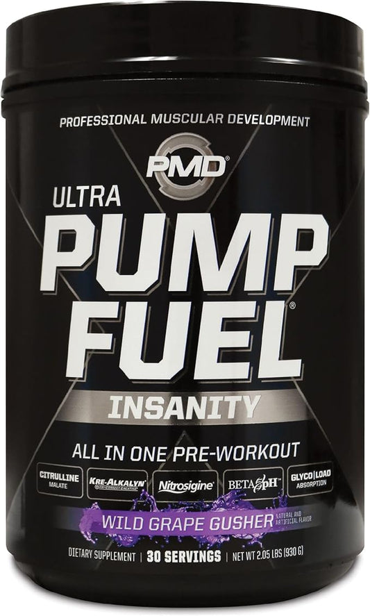 PMD Sports Ultra Pump Fuel Insanity - Pre Workout Drink for Energy, Strength, Endurance, Recovery - Complex Carbohydrates and Amino Energy - Wild Grape Gusher (30 Servings)