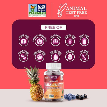 Ultimate Immunity - Elderberry Echinacea and Propolis Gummies for Immune Support, Easy to Chew - Non GMO, Gluten Sugar Free - Pomegranate Lime Flavored Gummy Vitamins, 50 Count