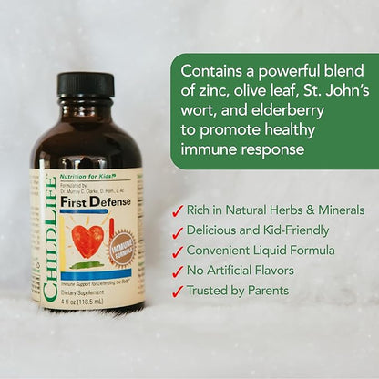 CHILDLIFE ESSENTIALS First Defense - Kids Immune Support, Immune Support for Kids, Toddlers 1-3, Babies 6 Months+, Vitamin Syrup with Elderberry, Zinc, Non GMO, Gluten Free - 4 Fl Oz (Pack of 3)