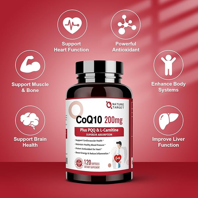 NATURE TARGET CoQ10-200mg with PQQ L-Carnitine & Omega-3s, High Absorption Coenzyme-Q10 with BioPerine, Supports Heart and Immune System, Cellular-Energy-Production, 120 Servings