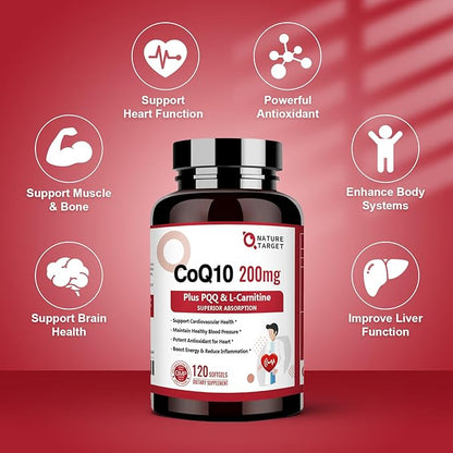 NATURE TARGET CoQ10-200mg with PQQ L-Carnitine & Omega-3s, High Absorption Coenzyme-Q10 with BioPerine, Supports Heart and Immune System, Cellular-Energy-Production, 120 Servings