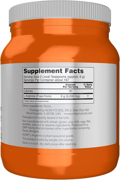 NOW Foods Sports Nutrition, L-Arginine Powder, Nitric Oxide Precursor, Amino Acids, 2.2-Pound