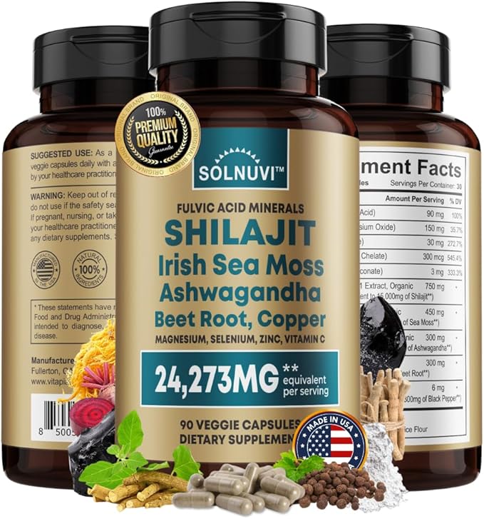 Shilajit Pure Himalayan Organic Capsules 15000mg with Irish Sea Moss, Ashwagandha, Copper, Beet Root - Fulvic Acid Trace Minerals Supplement for Men & Women - 90 Count, Non-GMO, Gluten-Free