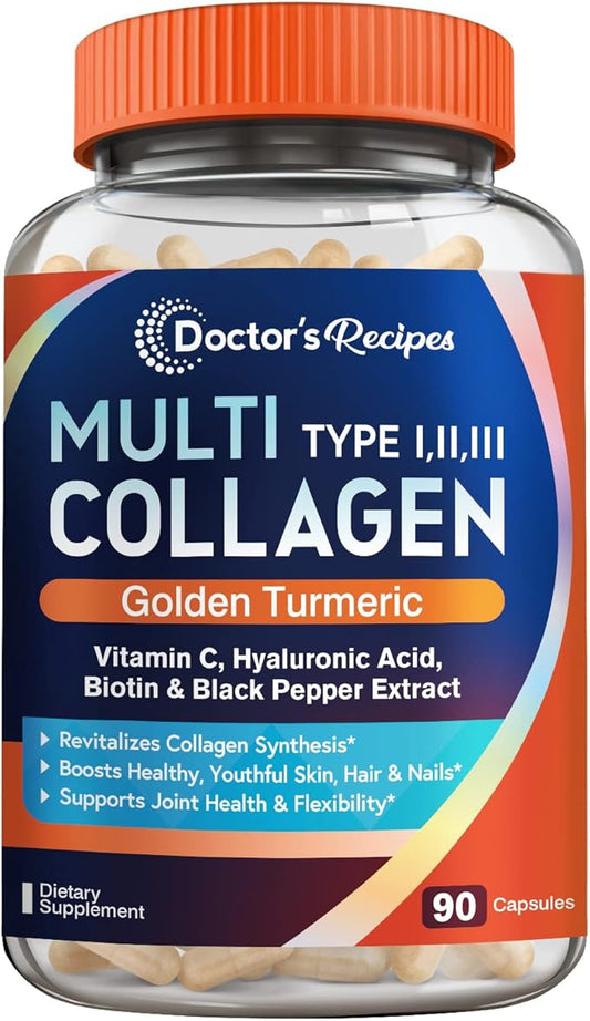 Doctor's Recipes Multi Collagen Peptides with Golden Turmeric, Vitamin C, Biotin, Hyaluronic Acid & Black Pepper, Collagen Supplements for Skin, Hair, Nail & Joint, Collagen for Women and Men, 90 Caps