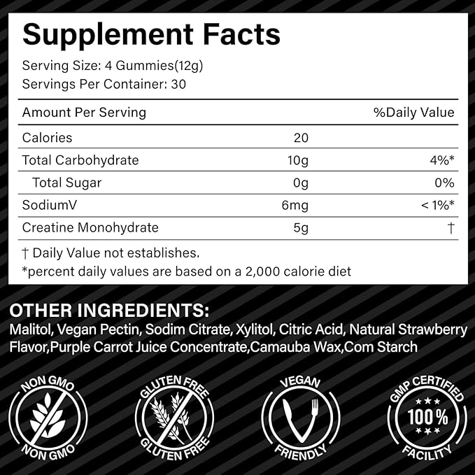 Creatine Monohydrate Gummies for Men & Women - 5g per Serving, Low Sugar Creatine Monohydrate Gummies - Increase Strength, Muscle Gain, Recovery, Endurance - Vegan, Gluten-Free,Strawberry (120 Count)