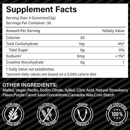 Creatine Monohydrate Gummies for Men & Women - 5g per Serving, Low Sugar Creatine Monohydrate Gummies - Increase Strength, Muscle Gain, Recovery, Endurance - Vegan, Gluten-Free,Strawberry (120 Count)
