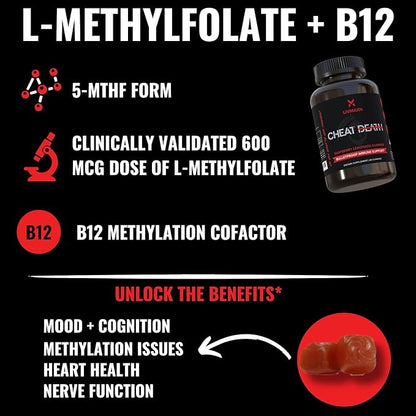 Cheat Death, 20-in-1 Multivitamin for Men & Women | L-Methylfolate + B12 | Pre + Probiotics | 7 Herb + Fruit Extracts | Full Spectrum Longevity Support | 60 Gummies.
