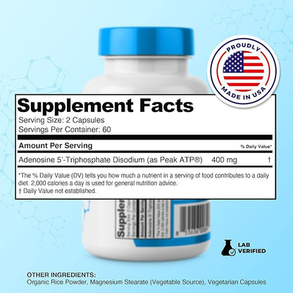 ATP Capsules - 120 Capsules - Adenosine Triphosphate Disodium - 400mg per Serving - Boost Energy Endurance Stamina