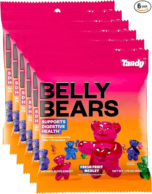 Tandy Belly Bears Fiber & Probiotic Gummies I Daily Digestive Health Gummies for Gut Health with Fresh Fruit Medly Flavor I Gluten-Free Fast-Acting Dietary Supplement Gummy I 6-Pack
