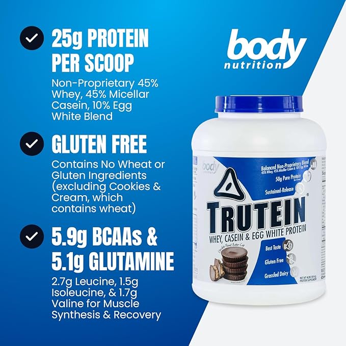 Body Nutrition Trutein High Protein Powder: 45% Whey, 45% Casein, 10% Egg White Protein Shake Mix, Gluten-Free, Low Sodium, Low Carb Protein Supplement for Men & Women, Chocolate Peanut Butter, 4lb