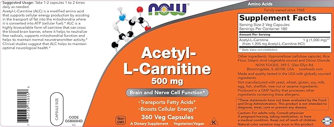 NOW Foods Now Acetyl L Carnitine 500mg, 360 Veg Capsules - Non-GMO ACL 500 mg Caps