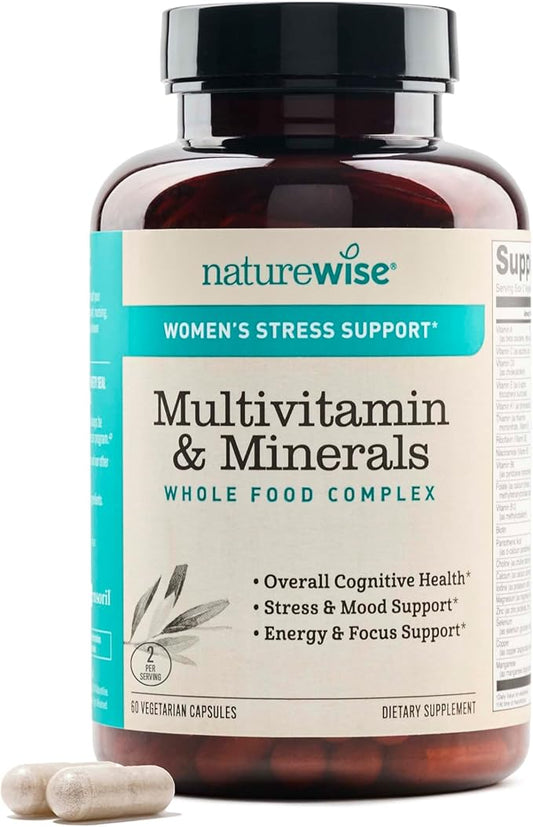 NatureWise Multivitamin for Women + Stress Support + B-Complex + Vitamin C + D3 K2 for Immunity, Hair, Skin & Nails, Digestion + Whole Organic Foods - Vegetarian, Non-GMO - 60 Capsules[1-Month Supply]