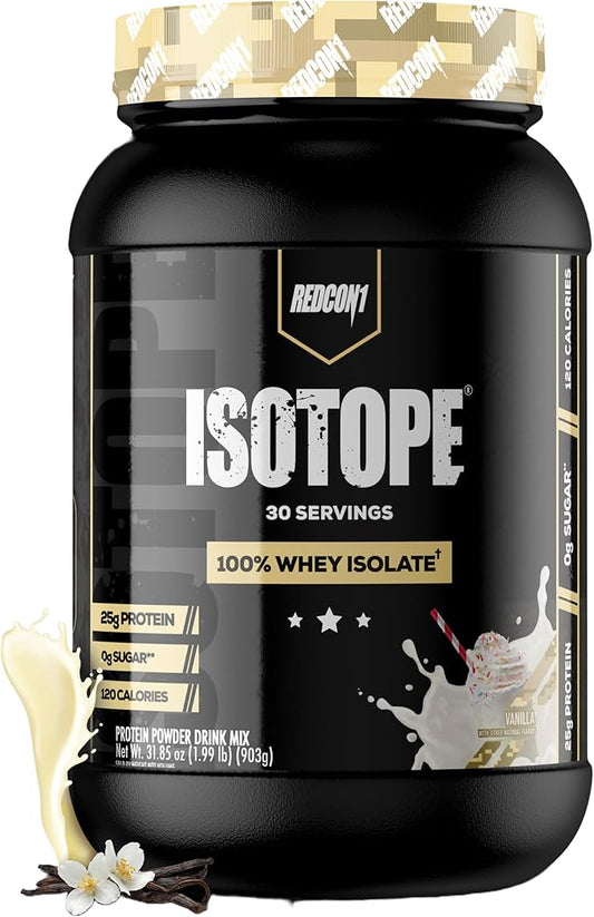 REDCON1 Isotope 100% Whey Isolate, Vanilla - Keto Friendly Whey Protein Powder - Low Carb + Sugar Free Whey Protein Isolate - Lactose Free Keto Protein Powder (30 Servings)