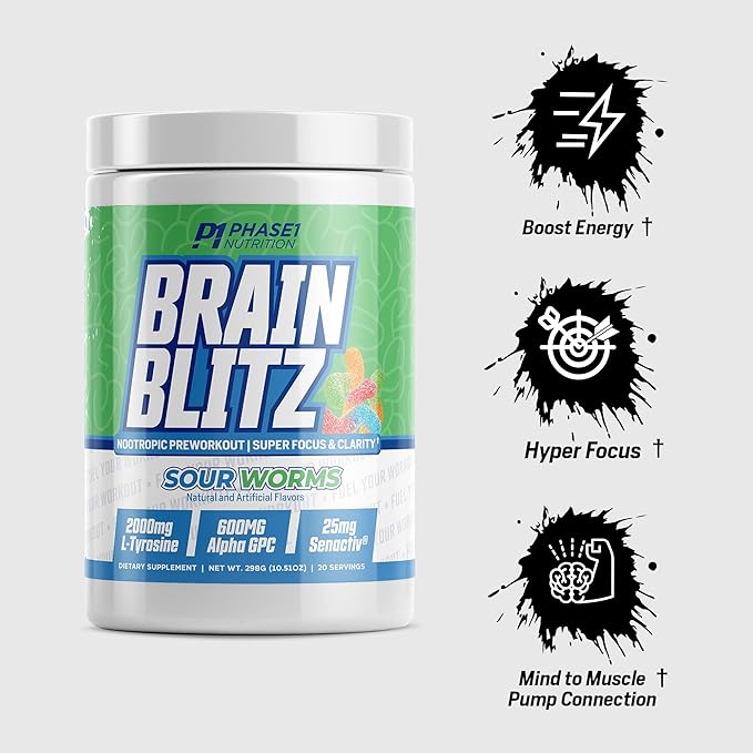 Phase 1 Nutrition Brain Blitz, Sour Worms - Nootropic Preworkout with Beta Alanine, L-Citrulline & 350 mg Caffeine