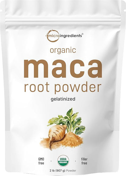 Organic Maca Root Powder, 2 Pound, Gelatinized for Better Absorption, Rich in Antioxidants, Help Energy, Stamina, Endurance, Strength and Immune System, No GMOs, Vegan Friendly and Peru Origin