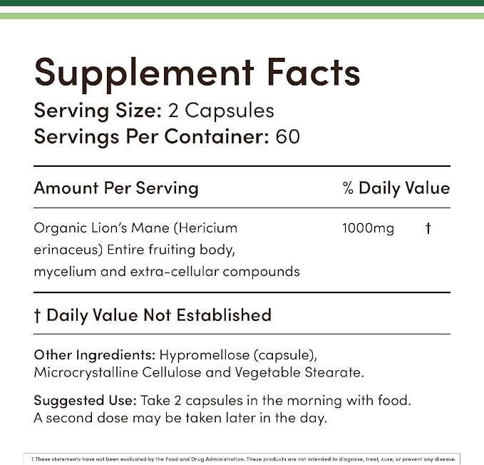 Lions Mane Supplement Mushroom Capsules (Two Month Supply - 120 Count) Lions Mane Mushroom for Brain Support and Immune Health (Third Party Tested, Grown and Encapsulated in The USA) by Double Wood