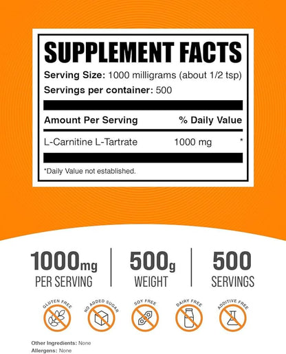 BulkSupplements.com L-Carnitine Tartrate Powder - Carnitine Supplement, L-Carnitine L-Tartrate, L Carnitine 1000mg - Unflavored & Gluten Free, 1000mg per Serving, 500g (1.1 lbs) (Pack of 1)