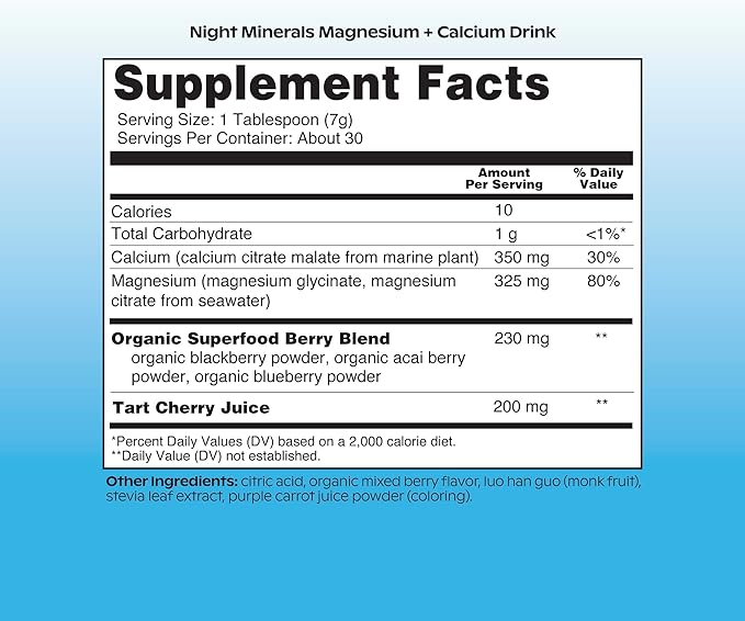 Wholier Magnesium Glycinate & Magnesium Citrate, Tart Cherry Juice, Chelated Calcium. Calming Nighttime Drink. Night Minerals.(30 Servings) Compostable Pouch