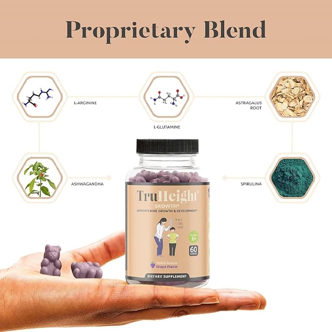 TruHeight Growth Gummies (Grape) Natural Growth & Development Supplement for Kids & Teens - Endorsed by Pediatricians - Vitamin D, K, Calcium & Ashwaganda - Bone Strength - Kids Vitamins - Ages 5+