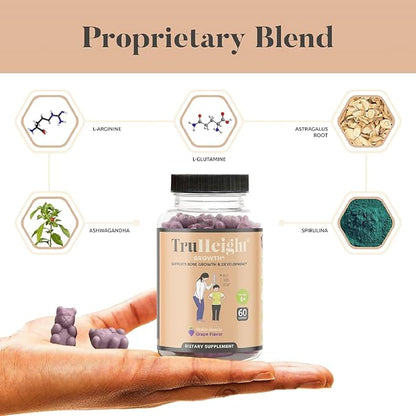 TruHeight Growth Gummies (Grape) Natural Growth & Development Supplement for Kids & Teens - Endorsed by Pediatricians - Vitamin D, K, Calcium & Ashwaganda - Bone Strength - Kids Vitamins - Ages 5+