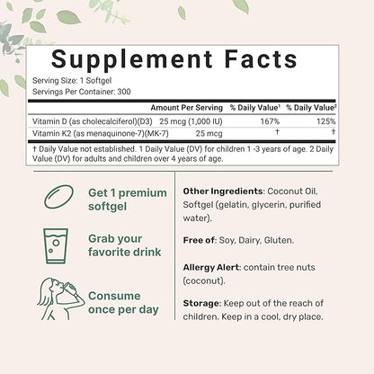 Micro Ingredients Vitamin D3 1,000 iu Plus K2 (MK-7) 25 mcg, 300 Virgin Coconut Oil Softgels | 2 in 1 Vitamins D & K Complex | Ideal Potency for Kids & Pregnant Women – Easy to Swallow
