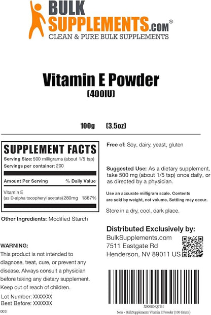 BulkSupplements.com Vitamin E 400 IU Powder - as D-Alpha Tocopherol, Vitamin E Supplements, Vitamin E Powder - Gluten Free, 500mg per Serving, 100g (3.5 oz) (Pack of 1)