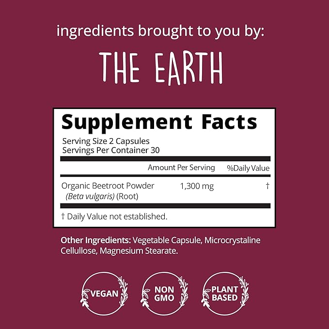 Organic Beet Root Capsules [1,300mg Superfood] - Blood Pressure Support Supplements, Beet Root Powder - Nitric Oxide Supplement, Blood Flow & Blood Circulation | Antioxidant, Brain Food | Vegan, 60 Ct