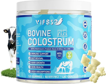 Grass Fed Colostrum Supplement 2000mg, 120 Gummies Sugar Free 40% IgG Bovine Colostrum Gummies + Probiotic, Multivitamin Etc for Immune Support, Gut Support, Hair & Skin