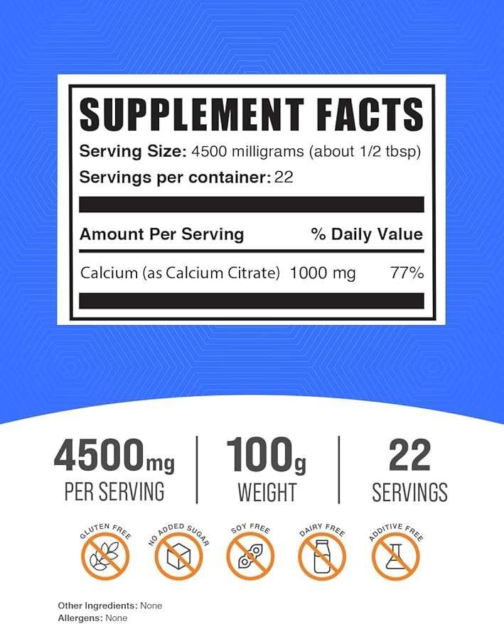 BulkSupplements.com Calcium Citrate Powder - Calcium Citrate Supplement, Calcium Citrate 1000mg - Gluten Free, 4500mg (1000mg Calcium) per Serving, 100g (3.5 oz) (Pack of 1)