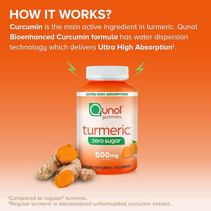 Qunol Zero Sugar Turmeric Gummies, Gummy with 500mg Turmeric Curcumin, Joint Support Supplement, Ultra High Absorption Tumeric Curcumin, Vegetarian, Gluten Free, 90 Count