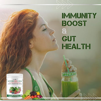 Superfood Reds & Greens Powder - 11.64 oz, Prebiotics & Probiotics for Digestive Health, Super Greens Powder with Ashwagandha for Gut Health, Immunity, Antioxidants, Vegan, Non-GMO