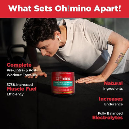 Oh!mino Patented Creatine Complex Supplement: Vegan, Sugar Free, Non-GMO & Gluten Free - Patented Formula: Pre & Post Workout Creatine, Micronized Powder, Lemon Lime Flavor (40 Servings)