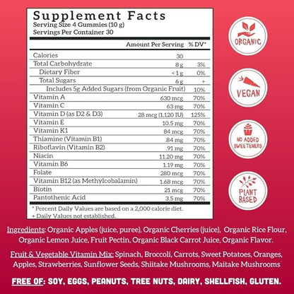 Llama Naturals Real Fruit Gummy Vitamins for Adults | No Added Sugar Cane | Whole Food Multivitamin Gummies | Women + Men | Vegan, Organic, Chewable | 120 ct, 30 Day Supply | Cherry