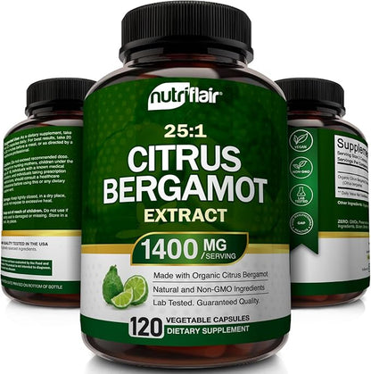 NutriFlair Organic Citrus Bergamot 1400mg, 120 Capsules - 25:1 Citrus Bergamia - Essential Oil and Citrus Bioflavonoids - Natural Heart Health Supplements for Women and Men - Non-GMO Pills