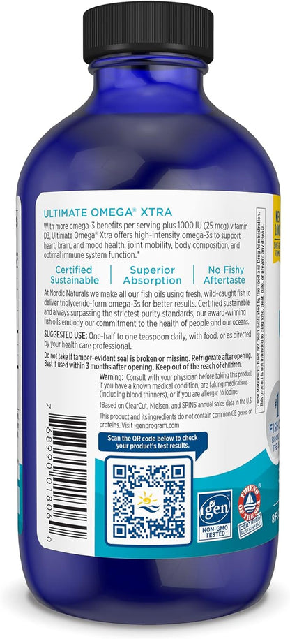 Nordic Naturals Ultimate Omega Xtra Liquid, Lemon Flavor - 8 oz - 3400 mg Omega-3 + 1000 IU Vitamin D3 - Omega-3 Fish Oil - EPA & DHA - Brain, Heart, Joint, & Immune Health - Non-GMO - 48 Servings