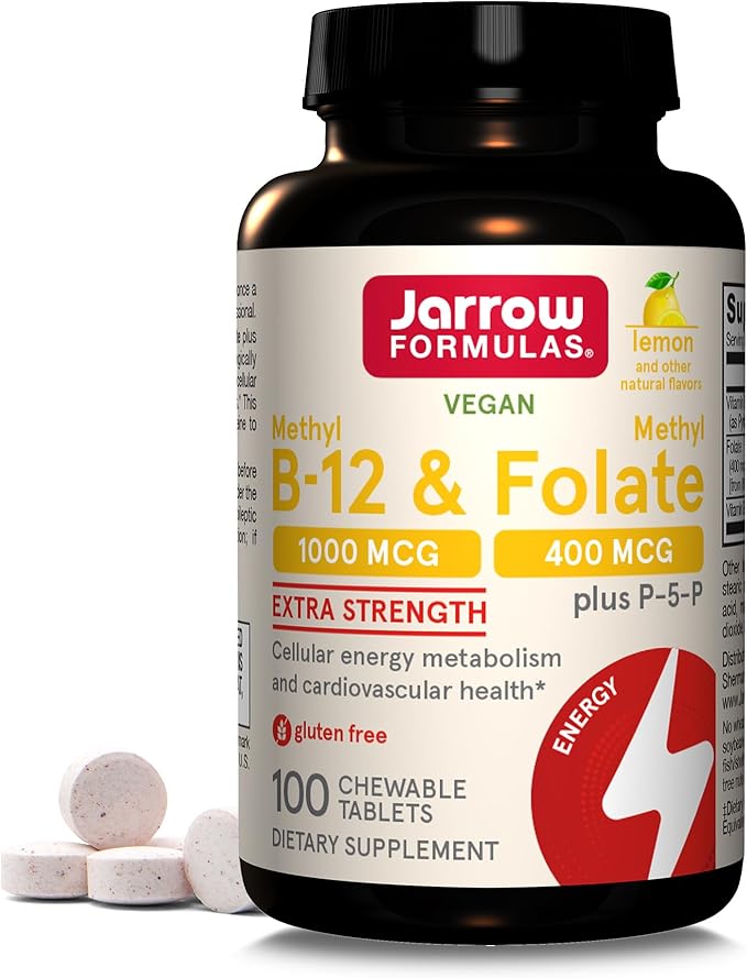 Jarrow Formulas Extra Strength Methyl B-12 1000 mcg & Methyl Folate 400 mcg + P-5-P, Dietary Supplement for Cellular Energy Metabolism and Cardiovascular Support, 100 Chewable Tablets, 100 Day Supply