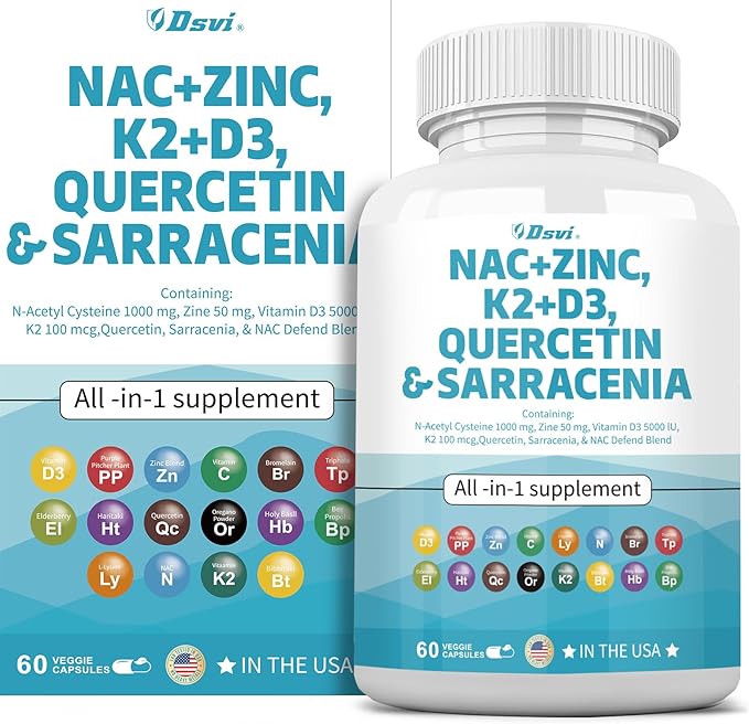NAC Supplement N-Acetyl Cysteine 1000mg Vitamin D3 K2 Zinc Quercetin 1000mg Sarracenia Purpurea 1000mg with Elderberry Holy Basil Bee Propolis Bromelain L-Lysine for Men and Women,60 Count