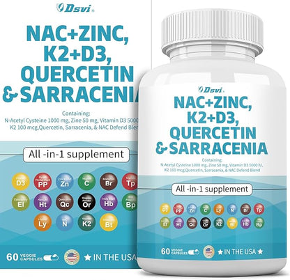 NAC Supplement N-Acetyl Cysteine 1000mg Vitamin D3 K2 Zinc Quercetin 1000mg Sarracenia Purpurea 1000mg with Elderberry Holy Basil Bee Propolis Bromelain L-Lysine for Men and Women,60 Count