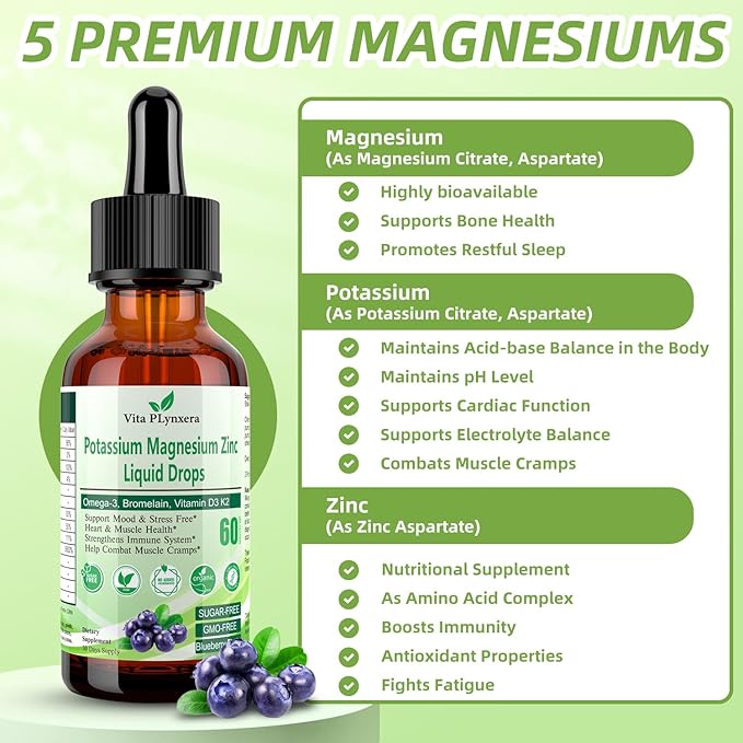 Potassium Magnesium Supplement Liquid Drops Plus Calcium Omega-3 D3 B6 K2, Organic Liquid Potassium Magnesium Aspartate, Citrate, for Leg Cramp, Vascular Muscle & Electrolyte Balance 2 Fl/Oz
