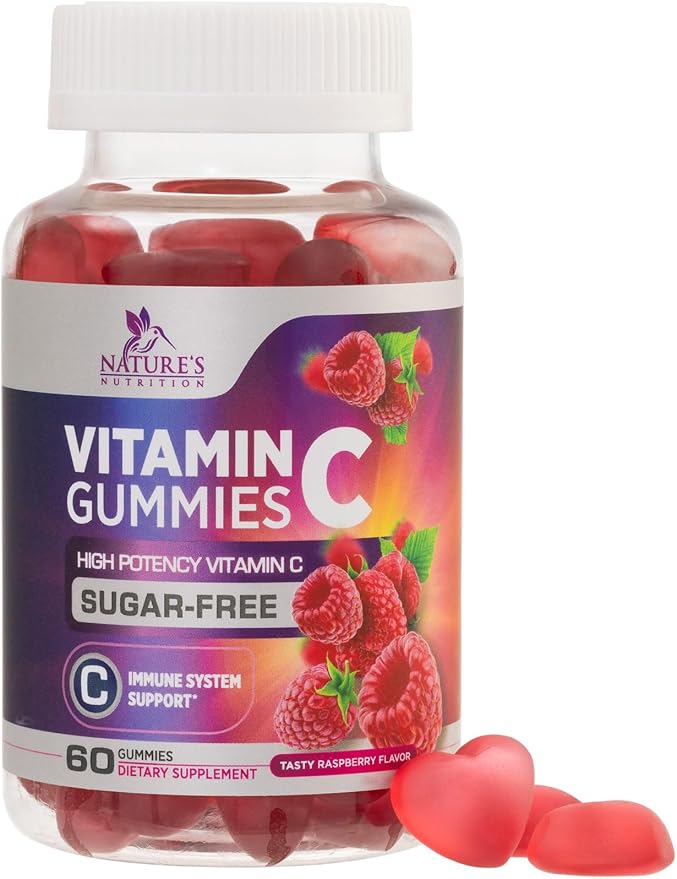 Zero Sugar Vitamin C Gummies - Immune Support & Antioxidant Vitamin Dietary Supplement - Vegan, Non-GMO, Dairy & Gluten Free C Vitamin Gummy - Raspberry Flavor for Kids & Adults - 60 Count Gummies